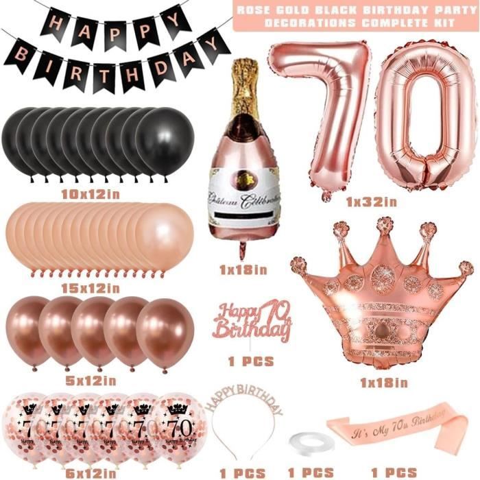 Bluelves Déco Anniversaire 20 Ans Femme – Noir & Or Rose – Ballon 20, Banderole, Diadème – Kit Complet