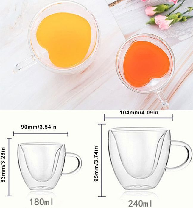 Lot De 2 Tasses En Verre à Double Paroi En Forme De Cœur - 200 Ml - Pour Café, Thé, Cappuccino - Cadeau Saint-Valentin, Fête Des Mères