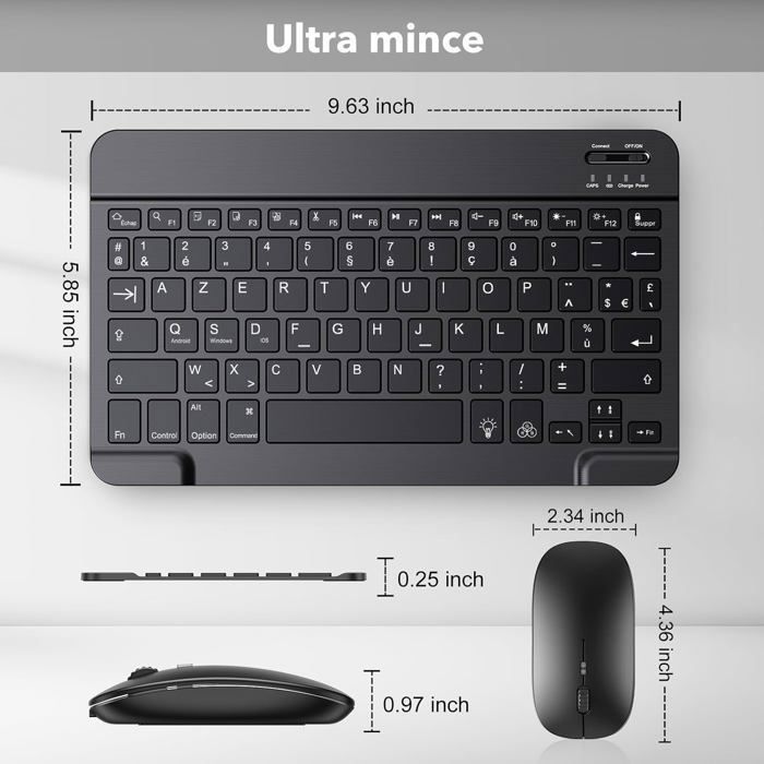 Clavier + Souris Sans Fil Bluetooth 10 - Silencieux, Noir, Compatibles PC/tablette/téléphone