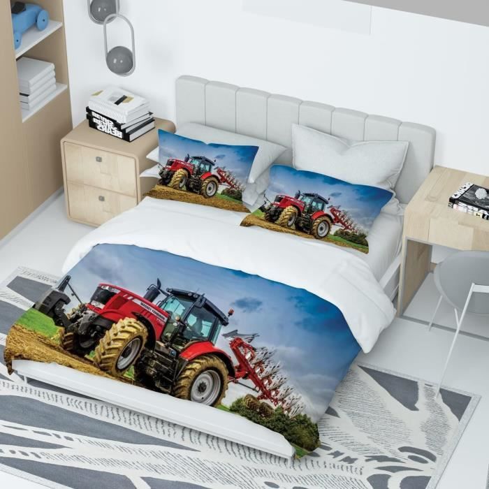 Housse de Couette Tracteur Parure de Lit,3 Pièces Camions Pelleteuses