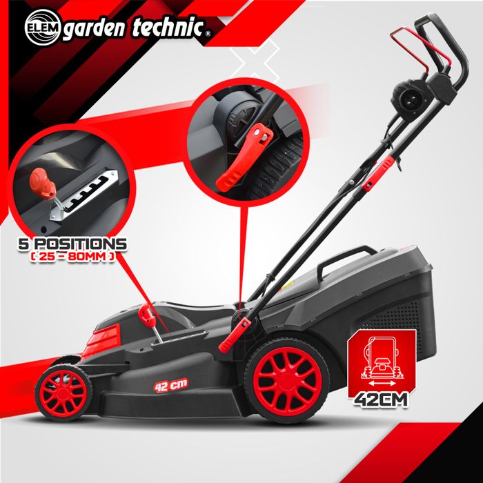 Tondeuse Gazon Électrique Elem Garden 1800W - 42cm | 5 Hauteurs De Coupe, Bac 40L - Jusqu'à 700m²