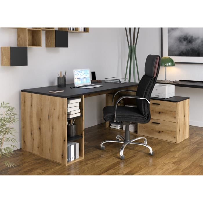 Bureau d'angle bois et anthracite avec rangement intégré pour bureau