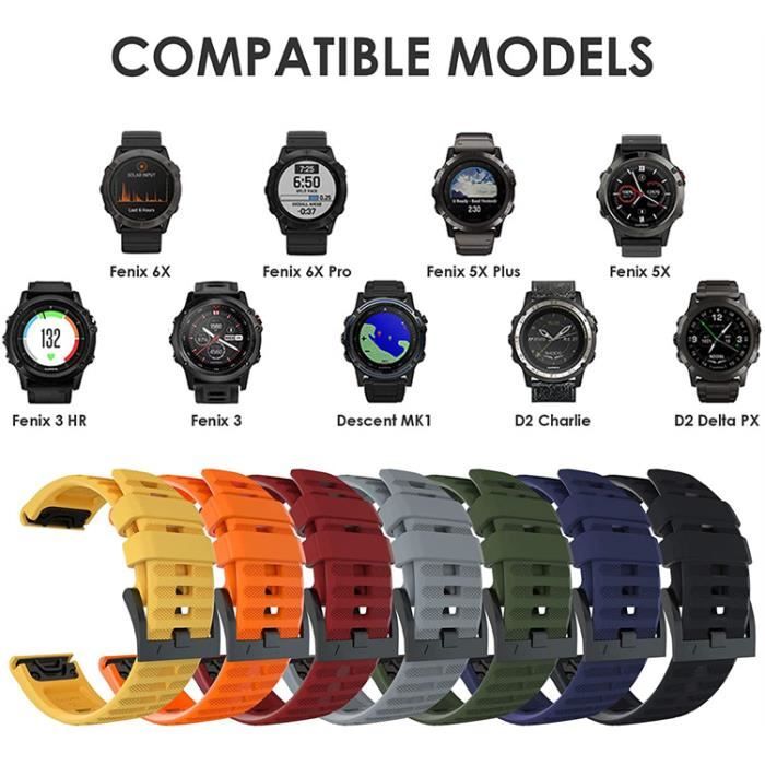 Bracelet en silicone souple vert pour votre Garmin Fenix 6X/6X Pro/Fenix  5X/Fenix 5X Plus 26mm