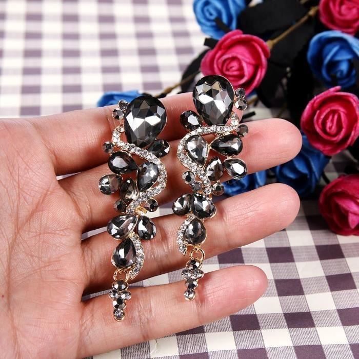 Boucles D'Oreilles Clip En Doré Avec Strass Turquoise Et Goutte En Verre Facetté - Modèle EH6