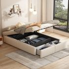 BLANKETSWARM Lit rembourré coffre 140x200 cm avec 2 tiroirs, lit adulte avec sommier à lattes, sans tête de lit, tissu en lin, beige