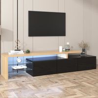 CREAHAPPY Meuble TV moderne, espace de rangement pratique, noir brillant, aspect bois, étagères en verre, éclairage LED
