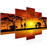 Tableau Décoration Murale 200x100 cm Runa art 000251a Afrique Coucher du Soleil - 5 Panneaux Deco Toile Prêt à Accrocher - Orange