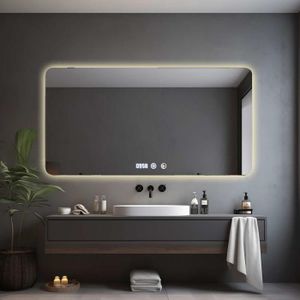 Miroir de salle de bain avec éclairage led et horloge, Miroir Mural avec éclairage led,100x70cm ESSENS Type D | blanc froid 6400K, anti-buée, Interrupteur tactile dimmable, horloge numérique, 3X loupe