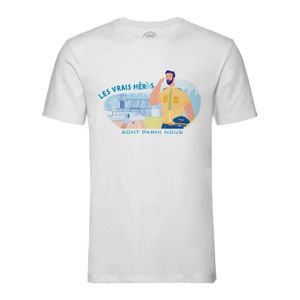 T-SHIRT T-shirt Homme Col Rond Blanc Les Vrais Héros - Pilote de Ligne Avion Métier