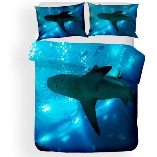 Parure De Lit 140x200 Cm Motif Requin Enfant - 1 Housse De Couette + 1 Taie D'oreiller - Microfibre Douce, Fermeture éclair, Anti-acariens - Décoration Chambre Maritime