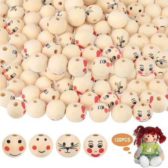 Perles Bois Visage Yupneih 40 Pièces Perles En Bois Avec Visage 20mm Boules En Bois Tete En Bois Avec Visage