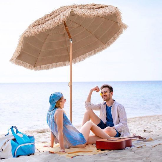 Parasol De Plage Hawaïen Marron - Diamètre 155 Cm - Pliable Avec Sac Et Piquet