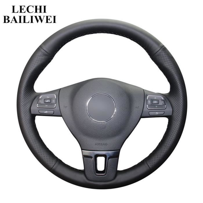 Main couture PU cuir artificiel couverture de volant de voiture pour Volkswagen Golf 6 Mk6 Jetta 6 Pol Black Thread