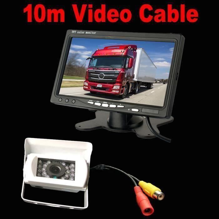Caméra de Recul Blanc 7 pouces Moniteur LCD,18 LED IR Nocturne Vision Caméra Arrière Kit 10m Câble 12V-24V pour Bus Remorque L0C28