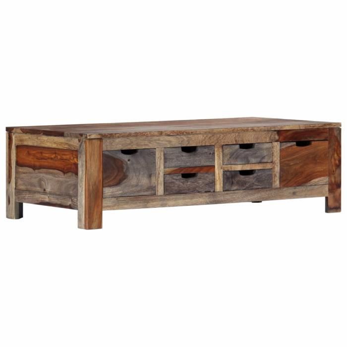 Table basse en Bois de Sesham massif - 100 x 55 x 30 cm (L x l x H) - avec 6 Tiroirs - Design industriel - Gris