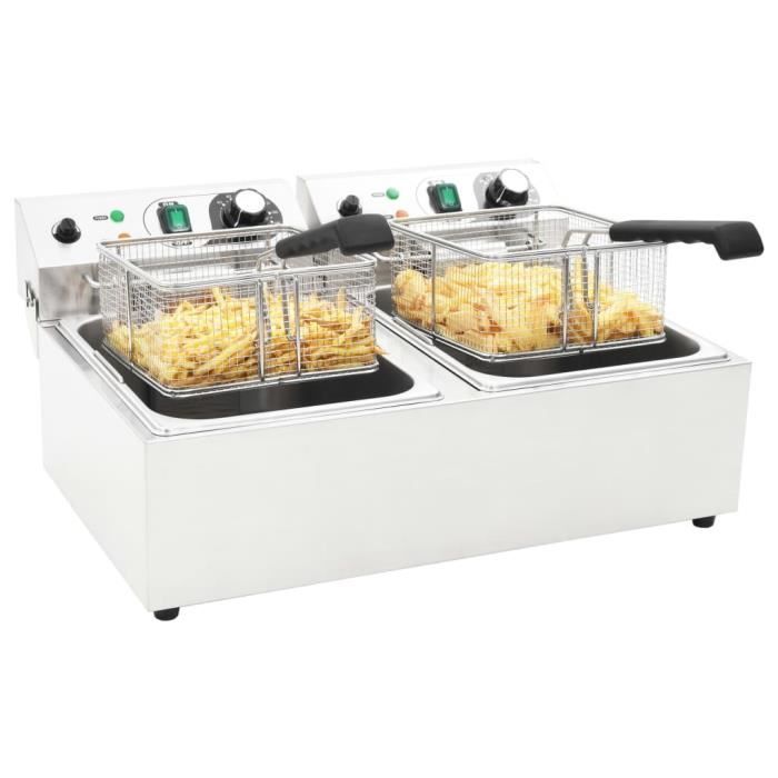 Friteuse électrique Double Professionnelle - 20 L 6000 W - Thermostat Réglable - En Inox - Blanc