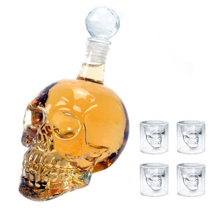5 pièces set-320ML Bouteille de Vin Forme de Crâne de Crystal Carafe à Décanter Whisky Vodka + 4 Verres de Crâne