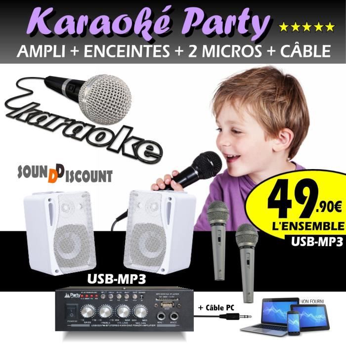 KARAOKÉ SONO ENFANTS PACK 2 ENCEINTES + AMPLI USB BLUETOOTH + 2 MICROS + CÂBLE PC PA DJ SONO HIFI MIX HP MAISON FIESTA ANNIVERSAIRE