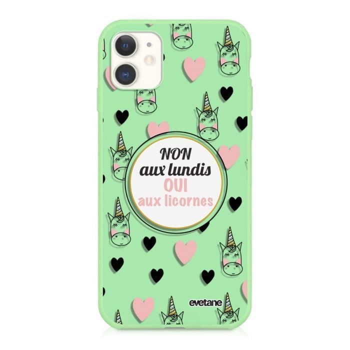 Coque iPhone 11 Silicone Liquide Douce vert pâle Oui aux licornes Ecriture Tendance et Design Evetane