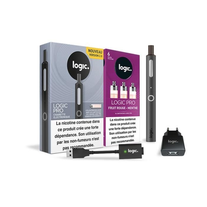 Logic PRO - Cigarette électronique Noir + 3 cartouches Fruit Rouge Menthe 6 mg + Chargeur USB et mural
