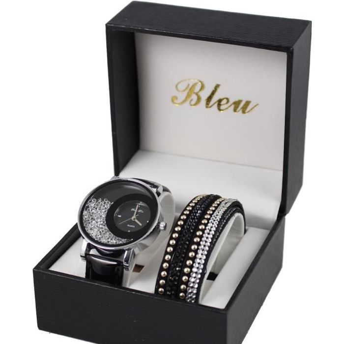 coffret montre femme cuir noir strass + bracelet double tour stardust dolce vita