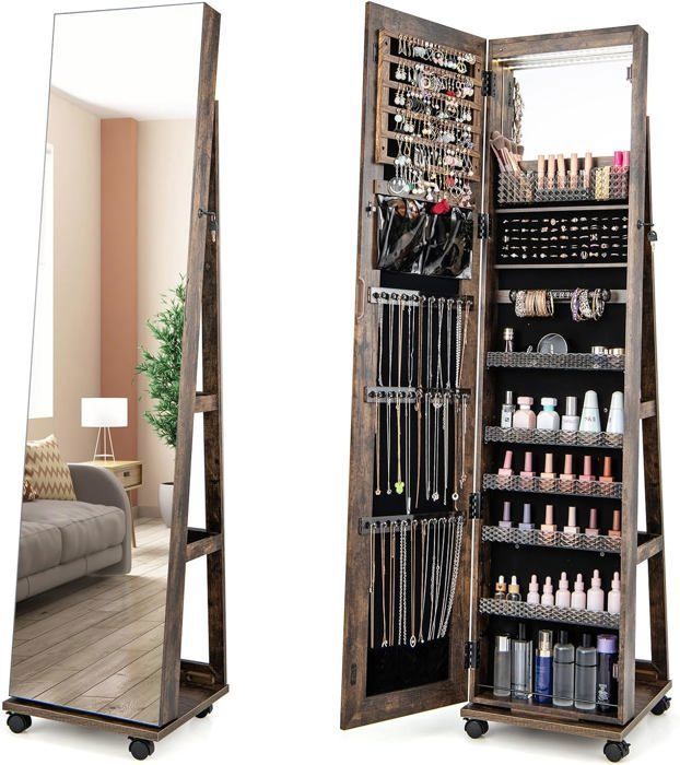GOPLUS Armoire à Bijoux Mobile avec Miroir Pleine Longueur-avec Serrure-Lumières Led 3 Couleurs-Miroir de Courtoisie Intégré Café