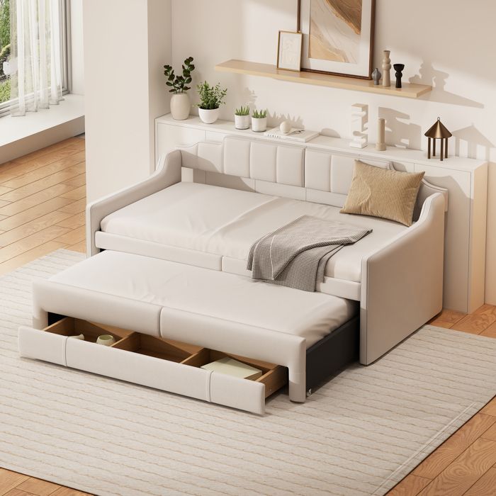 Lit de repos 90 cm x 200 cm (190 cm), lit de jour simple rembourré avec rangement escamotable