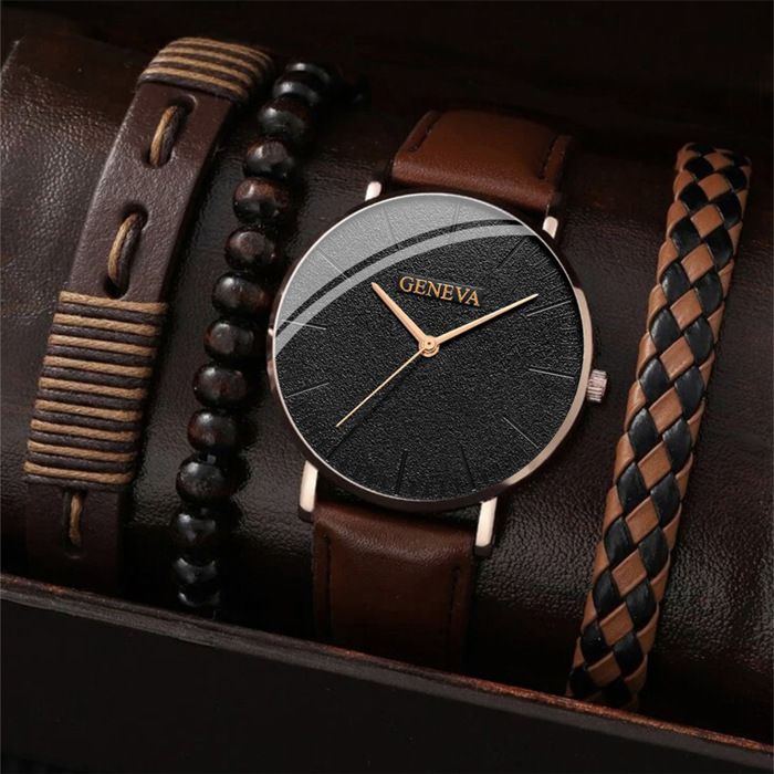 SHARPHY Coffret montre homme + bracelet - marron mode quartz sport nouveau classique haute qualité bracelet en cuir cadeau