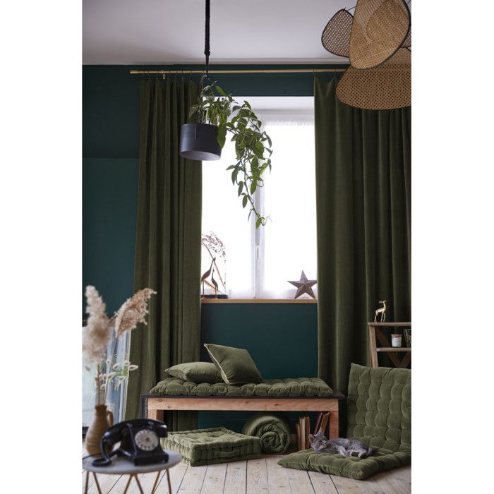 Lot de 2 rideaux ajustables + 8 anneaux pince César 140 x 270 cm Velours de Coton - César Thym