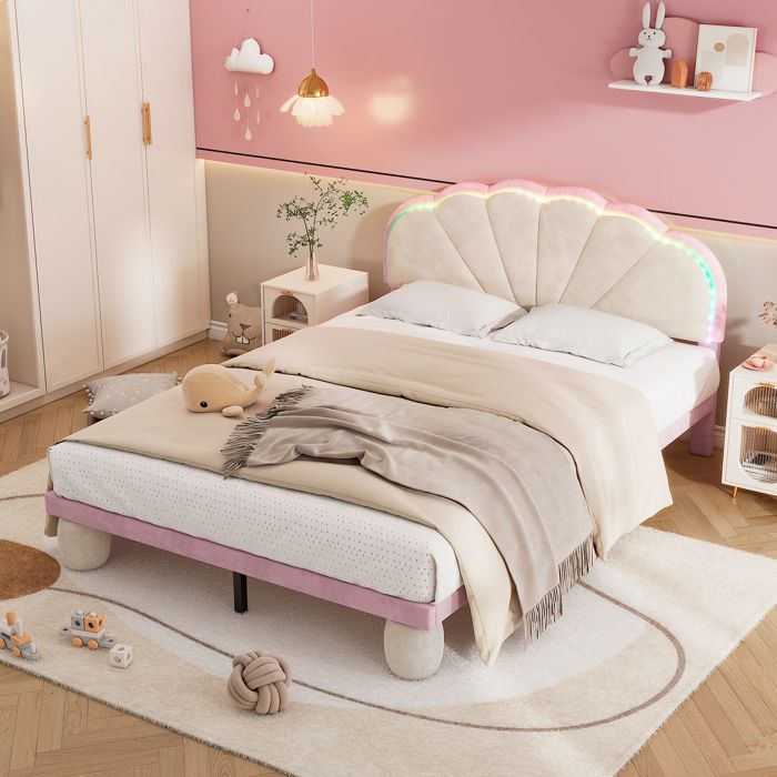 Lit enfant - Velours - 140x200cm - Tête de lit coquille - LED - Sommier à lattes Lit enfant - Velours - 140x200cm - Tête de lit coquille - LED - Sommier à lattes