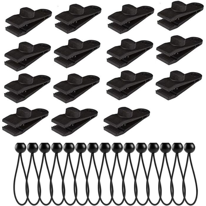 Lot de 15 clips de tente avec tendeurs lastiques accessoires pour camping et bches couleurs multiples LARGEIGHT