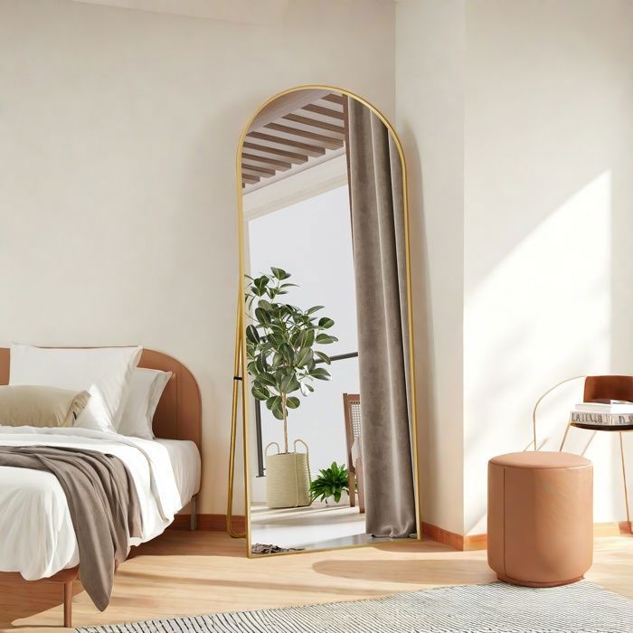Miroir Sur Pied Bombé 165x60 Cm – Cadre En Aluminium – Design Incurvé, Sans Monture Sur Les Côtés – Pour Chambre, Salon – Noir Ou Or
