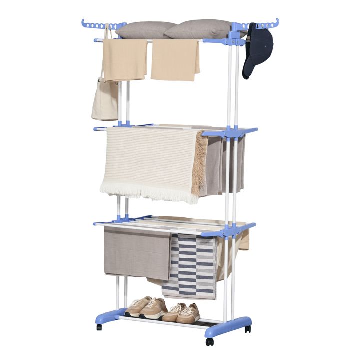 Séchoir étendoir à linge HOMCOM sur roulette pliable cadre en acier ailes latérales intérieure et extérieure 3 niveaux bleu argent