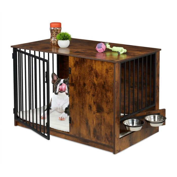 Comparer les prix de Relaxdays Box pour chien à domicile H x L x P : 655 x 102 x 60 cm 2 gamelles meuble industriel MDF et métal marron
