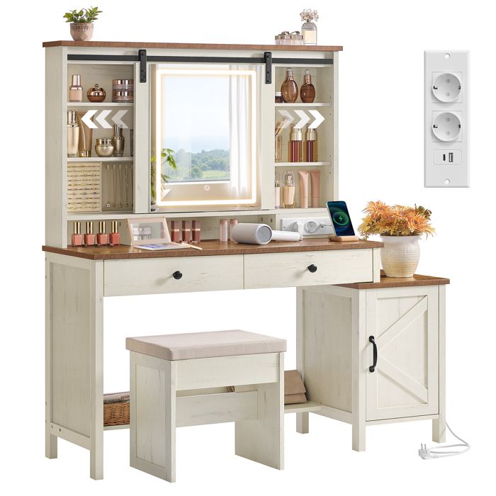 Coiffeuse avec Miroir LED Tabouret Multiprise 2 Tiroirs et porte Rangement pour Bijoux Style Ferme Blanc Rustique/Marron Miel