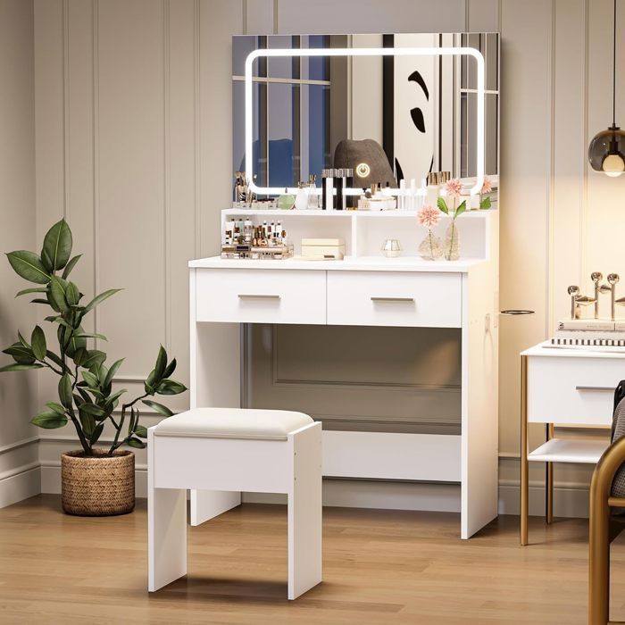 Coiffeuse avec Miroir LED - PROMIRACAL - Blanc - 2 Tiroirs - Tabouret Velours - Éclairage USB
