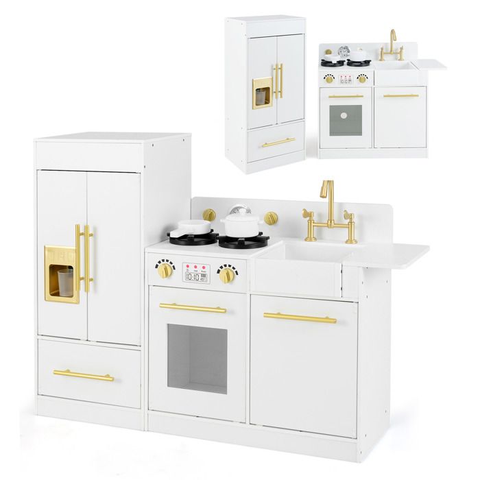 COSTWAY Cuisine d'Angle Enfants avec Réfrigérateur Séparé, Cuisinière