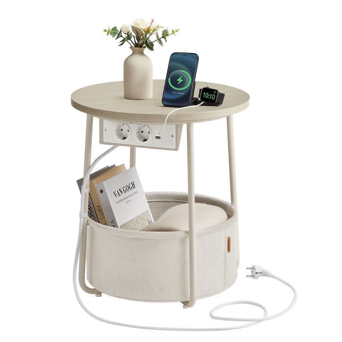 Petite Table Basse Ronde Table d’Appoint avec Panier en Tissu et Multiprise pour Salon Chambre Beige Naturel et Blanc Crème