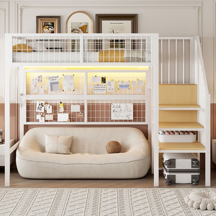 Lit mezzanine Métal 90x200 cm LED appli escalier rangement armoire ouverte blanc