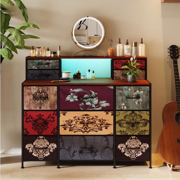 Buffet bas - TANANT - Buffet 13 tiroirs - LED - USB - Métal vintage