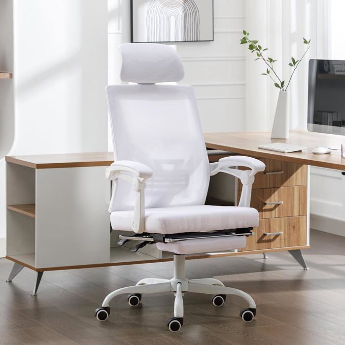 GOOBUY Chaise Bureau Ergonomique Hauteur et Appui-tête Réglable Repose Pieds Capacité 136kg Maille Respirant Blanc