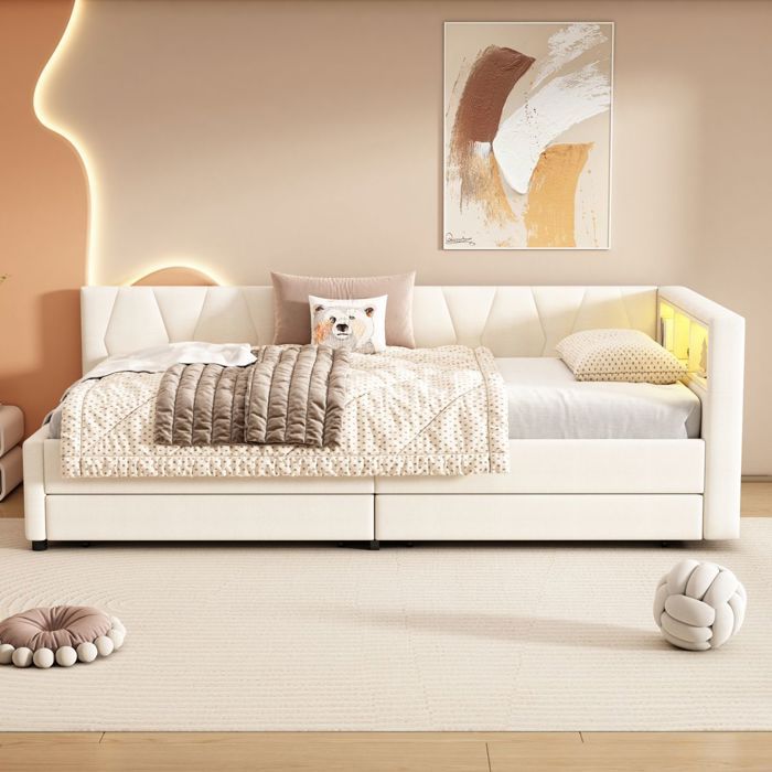 Méridienne Canapé-Lit 90x200-Rangement LED USB Type-C-2 Tiroirs Intégrés-Sommier Lattes Lin Beige-Salon Moderne-sans Matelas Méridienne Canapé-Lit 90x200-Rangement LED USB Type-C-2 Tiroirs Intégrés-Sommier Lattes Lin Beige-Salon Moderne-sans Matelas