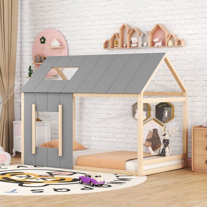 Lit cabane enfant 90x200 cm - Naturel + gris - Montage facile - 1 place