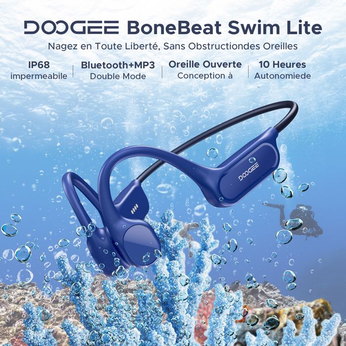 DOOGEE Écouteurs à Conduction Osseuse IP68 Natation Autonomie 10h BT5.4 32Go MP3 Double Mode Sport & Cyclisme-Bleu