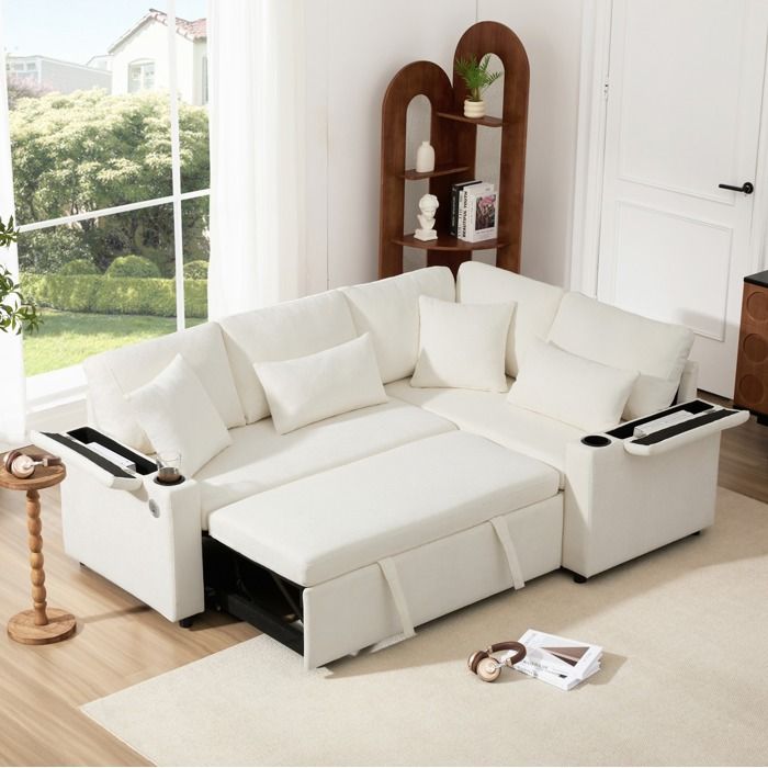 Canapé d’angle convertible 4 places beige L 206 5 x P 141 x H 86 cm coffre USB récamière droite