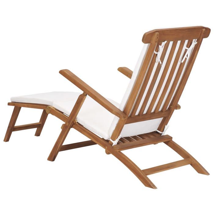 Promotion mars * Bain de soleil - YUNYAN - Chaise longue - 110 kg par siège - avec coussin Blanc crème Bois de teck solide_2445147