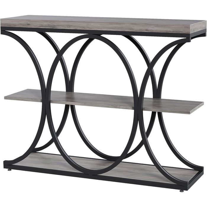 Console Industrielle 99 cm (39 Po) à 3 Niveaux avec Structure Métallique en Demi-Lune Table dAppoint-100P x 30l x 80H-GRIS