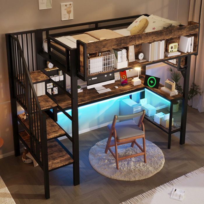 NuvlaGu - Lit mezzanine 90x200 cm Lit étudiant avec lampe LED et prise Lit simple avec échelle et bureau Rangements - Noyer+Noir