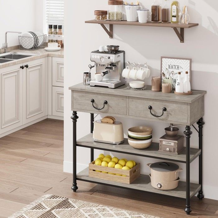 CONSOLE Table Console Console meuble 2 Tiroirs et 2 Étagères Ouvertes Rustique Table dAppoint Étroite 100x30x80cm gris