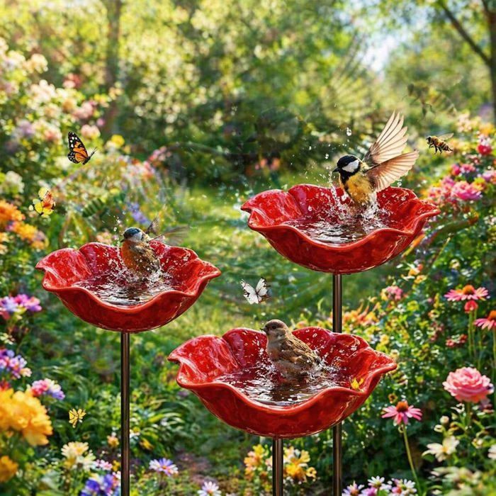 Bain doiseaux et abreuvoir à abeilles artisanal en métal (motif fleur sur tige) coupelle deau pour pollinisateurs améliorée et...